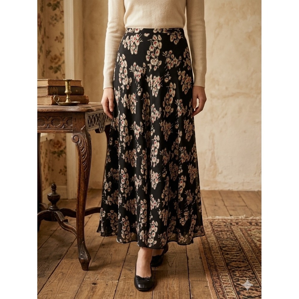 Jones New York 100% Silk Maxi Skirt Black Floral Print Size 6 High Waist Lined
